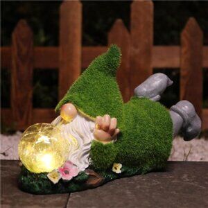 Garden Gnome Statue with Solar Crackle Glass Globe Lights, Resin Gnomes Statue